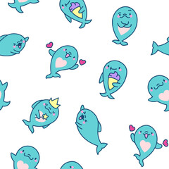 Funny dolphin characters. Seamless pattern. Cute cartoon kawaii sea animal. Hand drawn style. Vector drawing. Design ornaments.