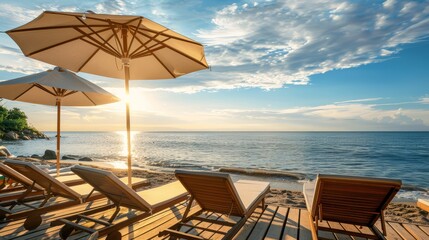 The coast of a resort beach with sun loungers and sun areas. The concept of summer vacation, travel.
