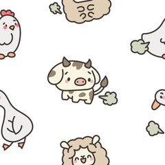 Cute and funny farting animals. Seamless pattern. Cartoon characters. Hand drawn style. Vector drawing. Design ornaments.