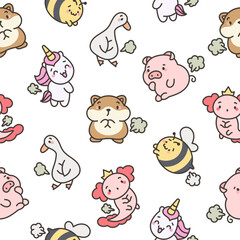Cute and funny farting animals. Seamless pattern. Cartoon characters. Hand drawn style. Vector drawing. Design ornaments.