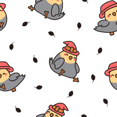 Cute cartoon pet birds. Seamless pattern. Adorable kawaii parrots characters. Cockatiel, parakeet. Hand drawn style. Vector drawing. Design ornaments.