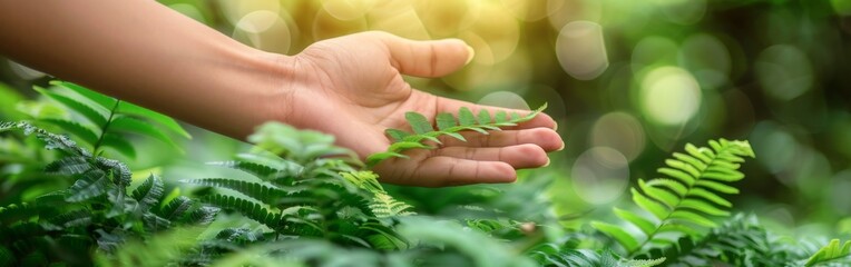 A closeup of a childs hand delicately holding a vibrant green leaf in the midst of a forest setting