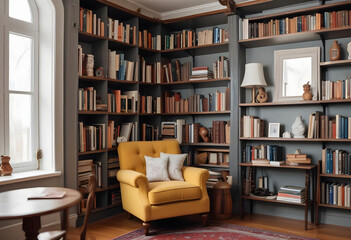 Cozy library at home with a reading nook with armchair and bookshelves with books