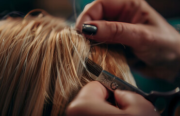 Fototapeta premium Hair Styling Process in Progress. Hairdresser combing hair