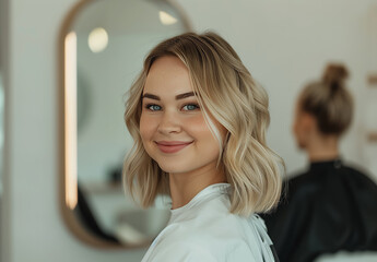 Fototapeta premium Joyful Haircut Experience for Young Blonde Woman