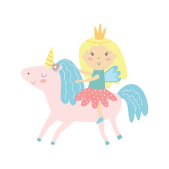 Magic little princess on a unicorn. Childrens vector.