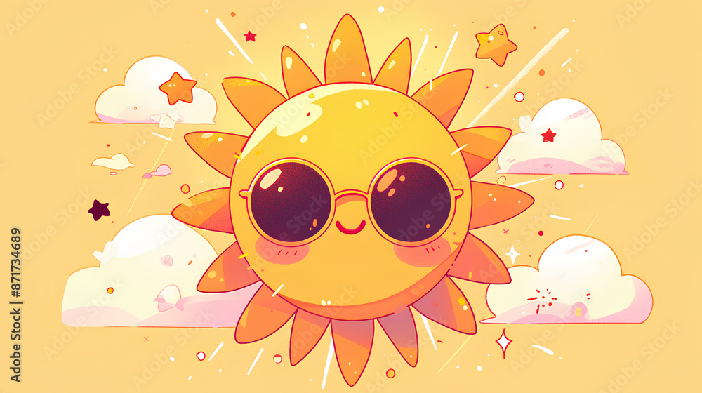 Sticker cute bright summer sun in sunglasses