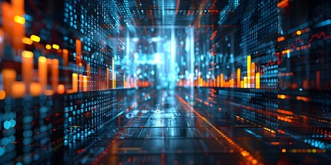 Virtual Dynamic Trading Floor with Live Financial Data Visualization and Technology Networking Concept