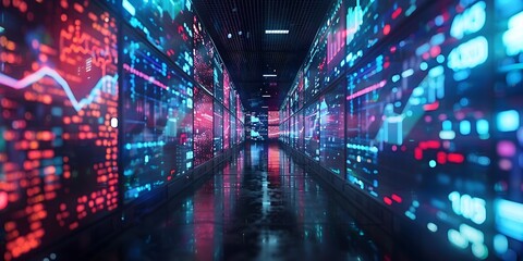 Futuristic Virtual Trading Floor with Live Financial Data Visualizations and Dynamic Networking Concepts