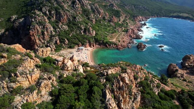 Most beautiful beaches of Saerdegna island , northern part, Costa Paradiso - Cala li Cossi beach. aerial drone 4k hd video