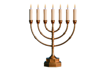 Antique bronze menorah with lighted candles. Transparent background. 3D Render