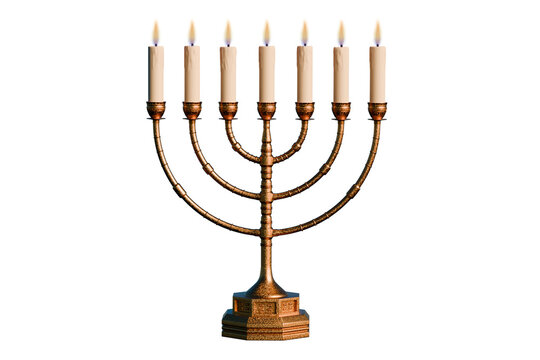 Antique bronze menorah with lighted candles. Transparent background. 3D Render