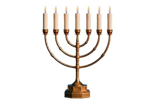 Antique bronze menorah with lighted candles. Transparent background. 3D Render