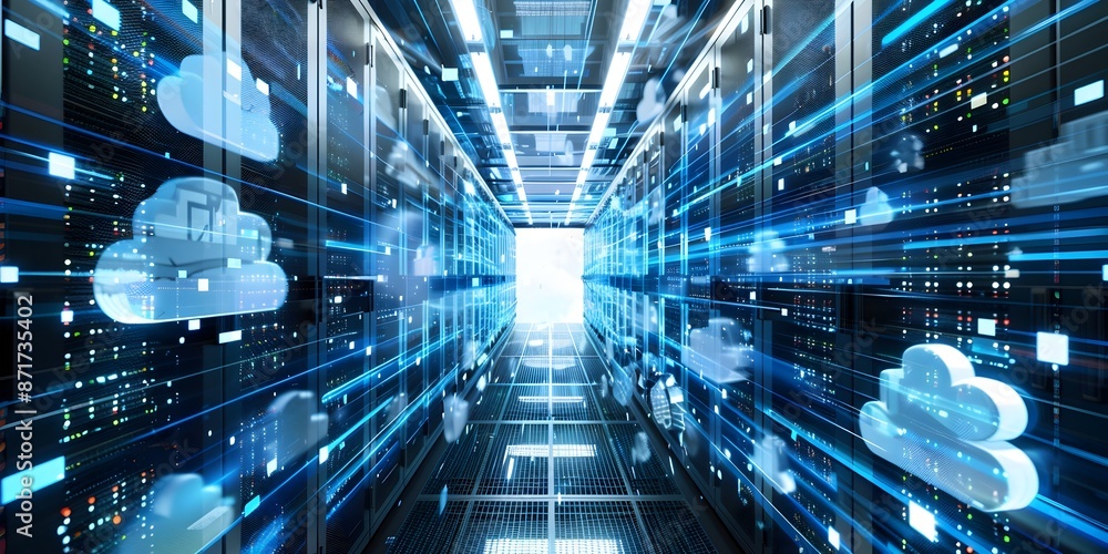 Poster futuristic cloud computing data center with rows of servers and blue lighting for digital business n