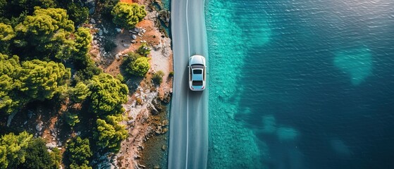 Top down view of an electric car driving on a road surrounded by the sea. Aerial photography