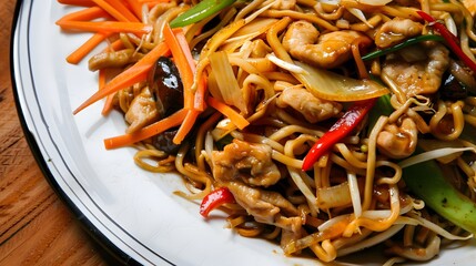 Delicious stir-fried noodles with chicken, vegetables, and savory sauce on a white plate.