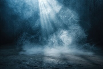 A dark room with a blue background and a large cloud of smoke