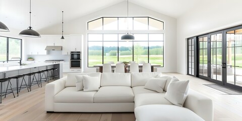 Fototapeta premium Stunning midcentury farmhouse interior with designer furniture pendant lights and nature views. Concept Midcentury Farmhouse Interior, Designer Furniture, Pendant Lights, Nature Views