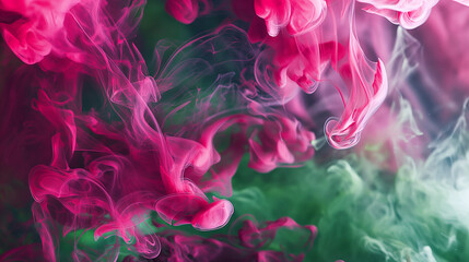 Abstract vivid background. Photo of Ink in water. Colorful smoke. Pink and green smooth paint stains. Backdrop with space for text. Eye-catching background for social media and printing design. 