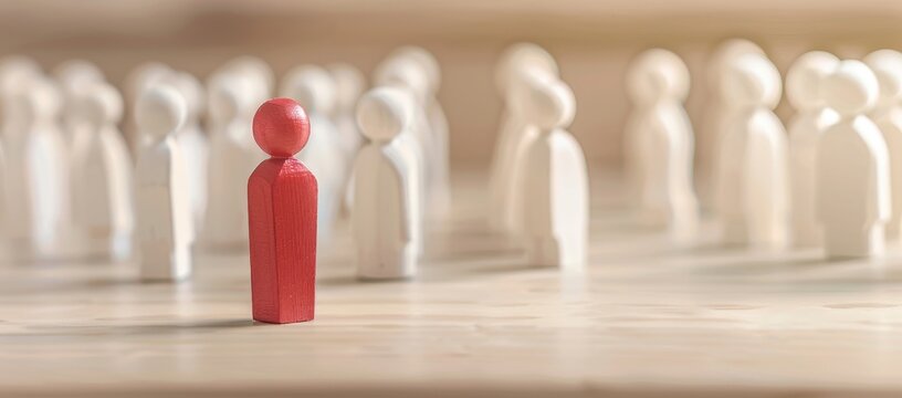 Team members in front, with one red person figure standing out from the crowd as the leader or successful job candidate. Copy space for text