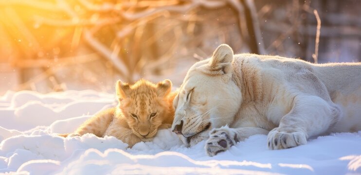 White lioness and cub, resting in the snow at sunset. Love and affection offering motherly protection and care