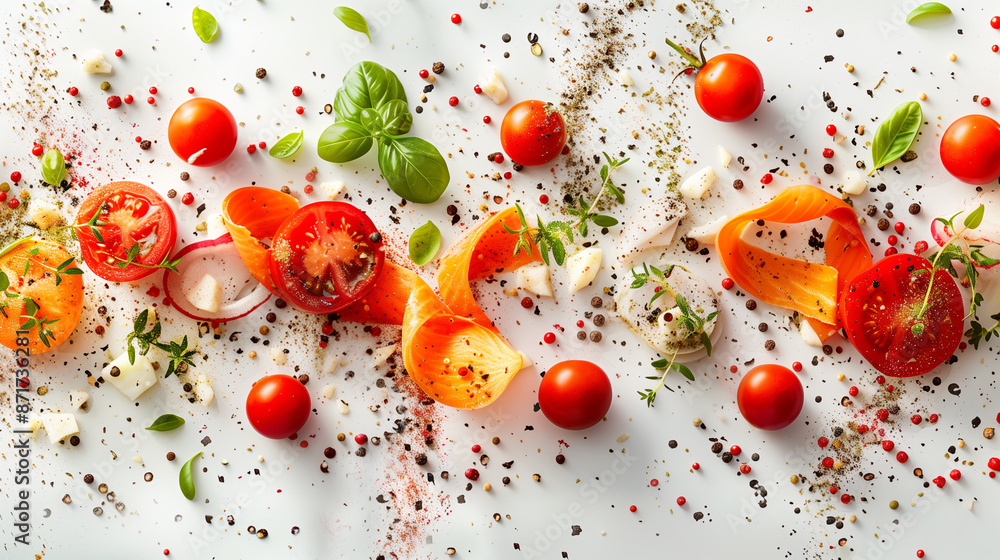 Wall mural falling ingredients on a white background