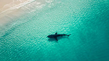 Obraz premium Shark overhead in shallow turquoise water near beach sand