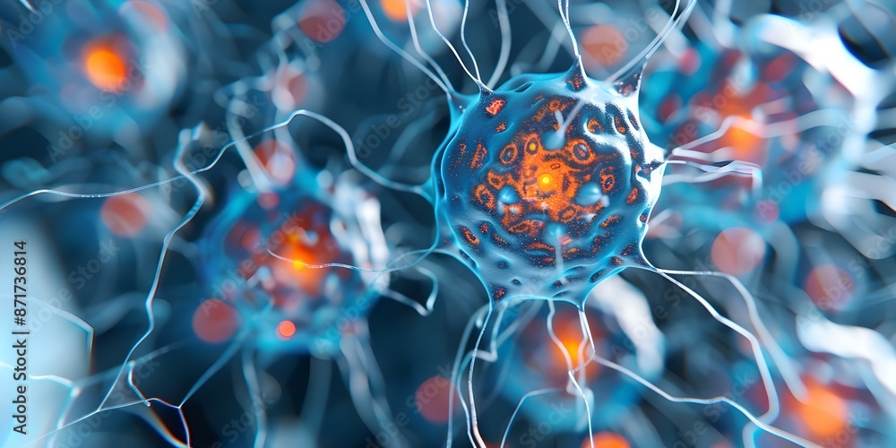 Poster examining brain neural network cells with electron microscopy for comprehensive study. concept elect
