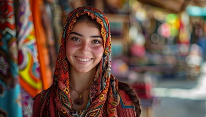 Beautiful young Muslim woman in colorful and headscarf smiling at the camera. A muslim woman wearing a colorful headscarf smiles warmly at the camera, exuding happiness and contentment