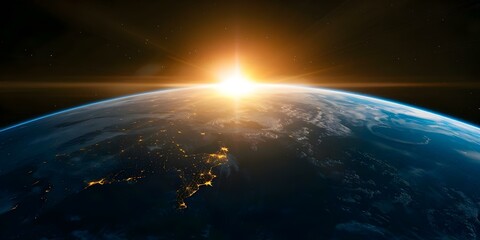 Obraz premium Earth's Sunrise from Space with City Lights Twinkling. Concept Astronomy, Space Exploration, Earth's Beauty, Sunrise Photography, City Lights Illustration