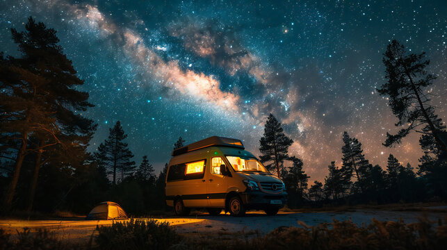 camping van parked in a beautiful natural setting, campfire clear night sky