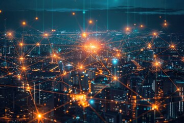 A city at night, with glowing lights and interconnecting lines symbolizing the vast network of connections.
