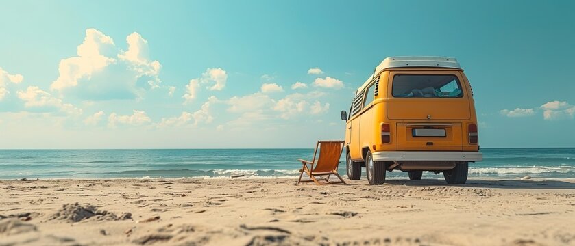 Small hippie minivan on the beach on a sunny summer day with a sunbathing chair. Summer holiday concept at sea or ocean