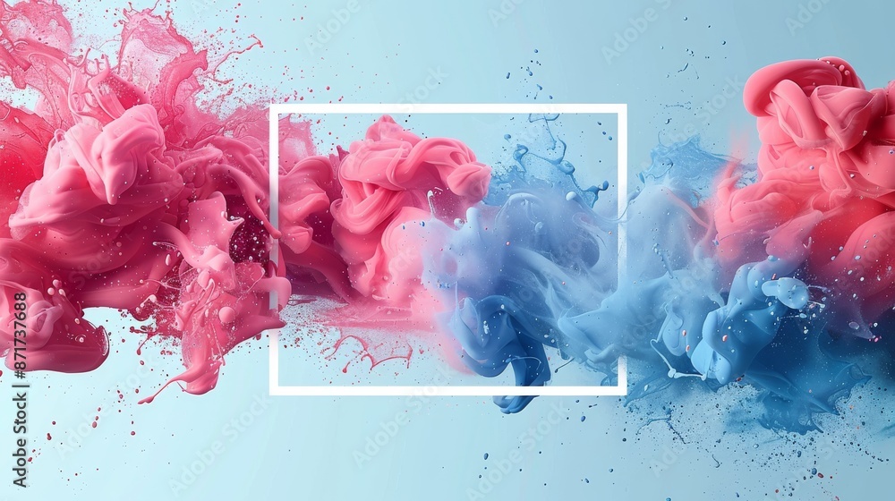 Poster blue and pink paint splashes creating abstract patterns against a blue background