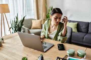 A woman sits at her desk, working on her laptop.