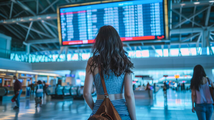 A young woman at the airport looking up at flight departure screens