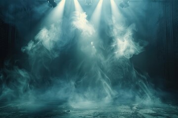 A stage with smoke and lights