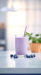 Smoothie in glass on the table in the kitchen Healthy food concept Weight loss Sport nutrition Berries, fruits, chocolate drink. Fresh and delisious. Vertical format design for social media, printing
