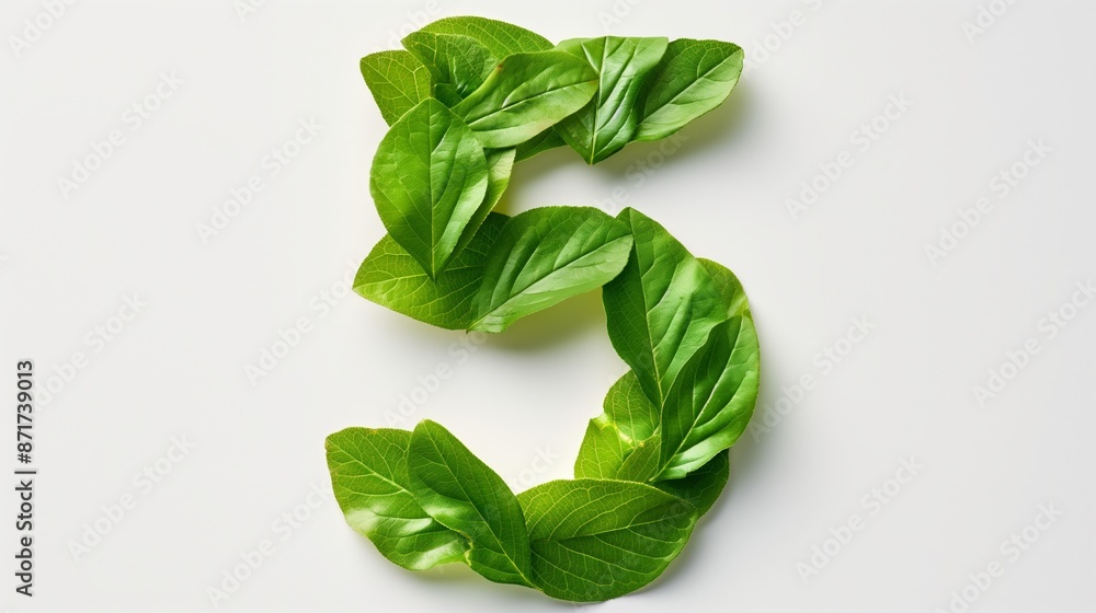 Poster the image is a creative representation of the number 5 using green leaves. the leaves are arranged i