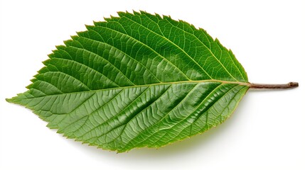 Obraz premium A leaf is shown in its natural color, with a green hue. The leaf is large and has a distinct shape, with a pointed tip and a rounded base. The leaf is placed on a white background