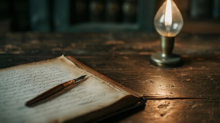 Antique study room with a timeworn wooden desk, old books, a quill pen, and an oil lamp, captured in rich, faded colors, and historic charm