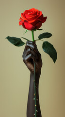 Rose with thorns in hand of person with dark skin, close-up of red flower held against beige background, love hurts concept, isolated studio photography