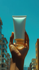 Cosmetic beauty product mockup photography, tube held inside hand against blue sky with skyscrapers in the city