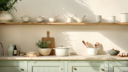 Classic heritage kitchen with traditional cookware, worn wooden cabinets, and vintage decor, evoking a bygone era, with faded pastel hues