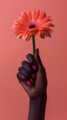 Pink gerbera in hand with dark skin against pink background, floral minimalism still life fashion photography