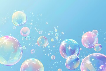 Colorful pastel soap bubbles background In style of kawaii, pastel colors, stars and sparkles, for children's room decoration, wallpaper, poster, banner, print on or t-shirt design concept