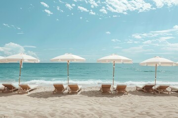 Fototapeta premium A beach scene with four white umbrellas and several lounge chairs