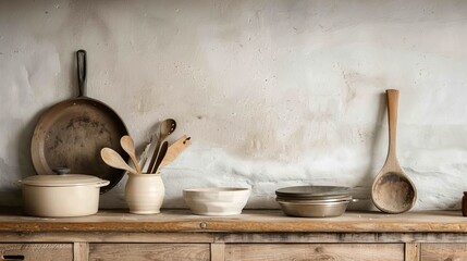 Old-fashioned kitchen scene featuring timeworn utensils, traditional wooden cabinets, and a historic stove, evoking a sense of bygone eras and ancestry