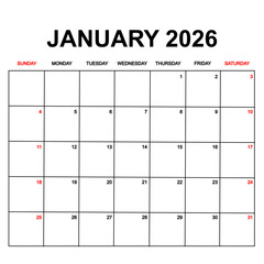 january 2026 with holydays or red dates. monthly calendar design with week starts on sunday. printable, simple, and clean vector design isolated on white background.