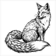 Obraz premium Sketch of a fox with a bushy tail curled around its body, on a white background